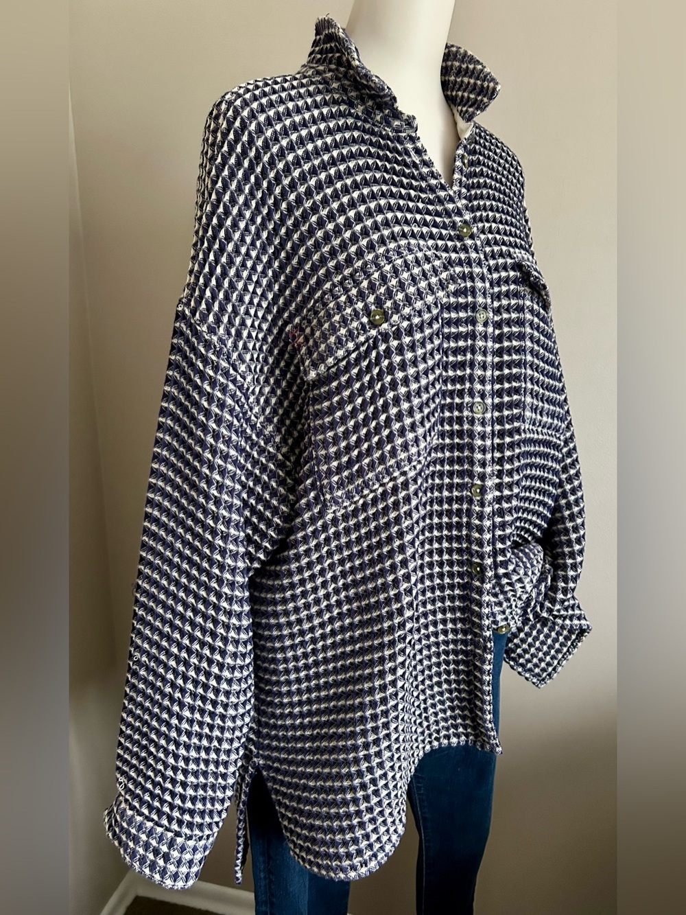 BDG Navy and White Houndstooth Button-Up Shirt